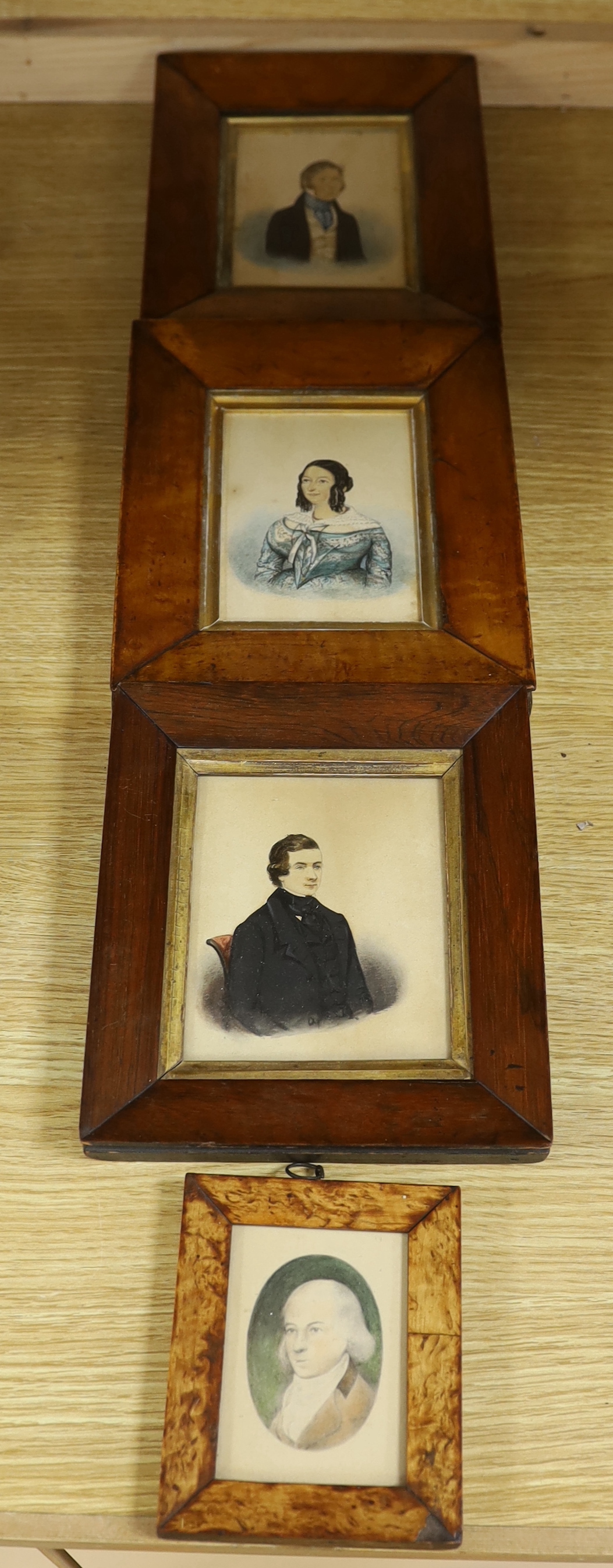 Mr Greenfield (19th C.), watercolour on paper, Portrait of the artist and his mother, 12.5 x 9.5cm, another miniature by R & W Kerry of a gentleman in a black jacket and a smaller miniature of a Georgian gentleman